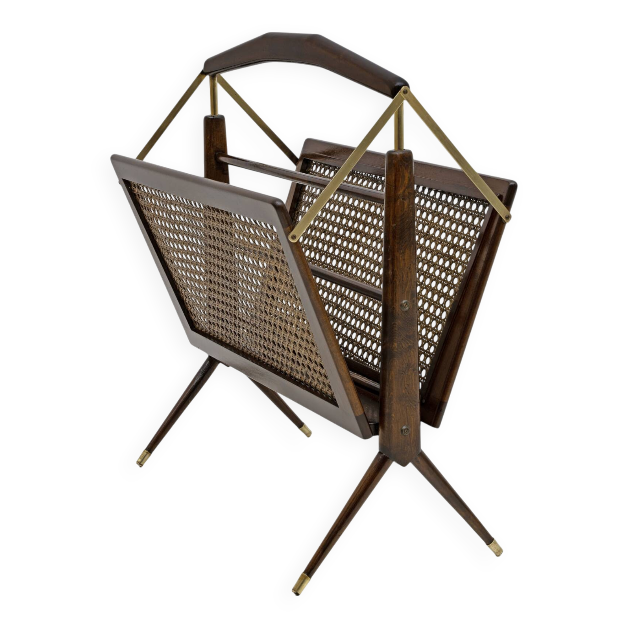 Cesare Lacca Mid-Century Modern Italian Wicker and Brass Magazine Rack, 50