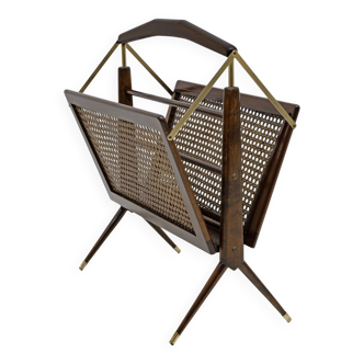 Porte-revues Cesare Lacca, style moderne du milieu du siècle, en osier et laiton, 50