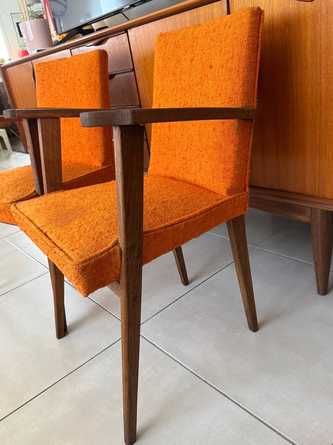 Pair of vintage 60s armchairs in wood and orange bouclé fabric