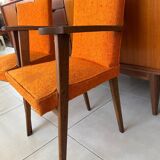 Pair of vintage 60s armchairs in wood and orange bouclé fabric