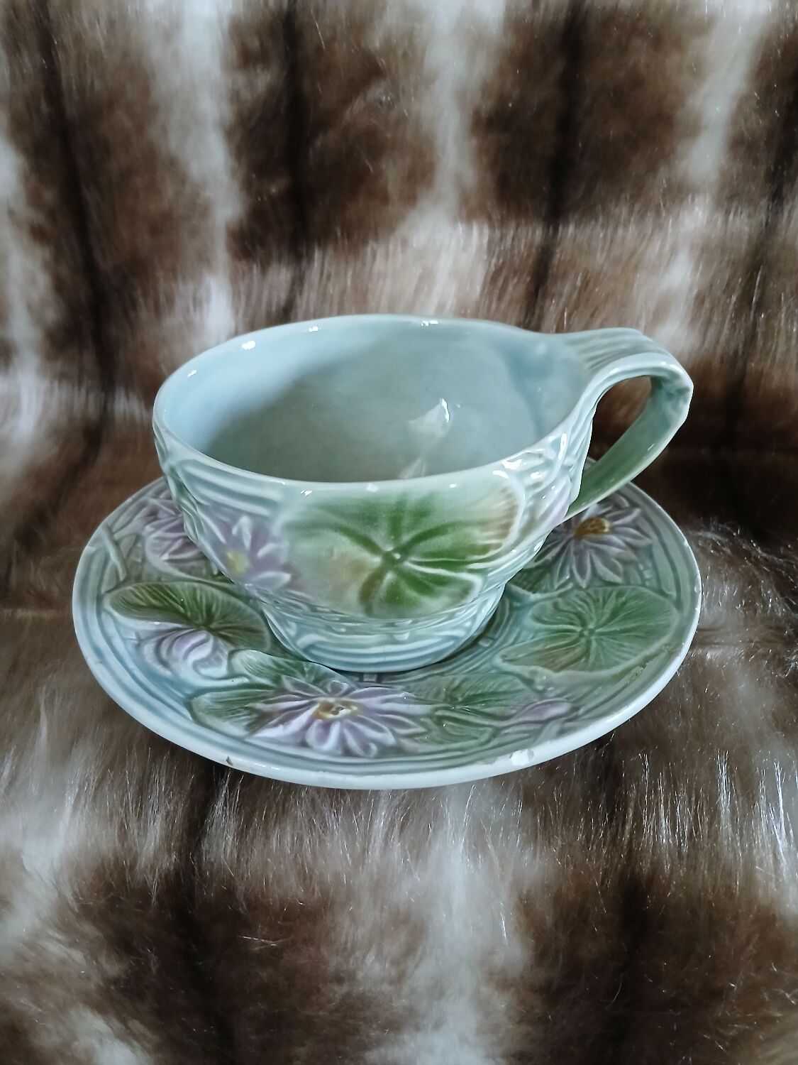 Antique cup and saucer in majolica.