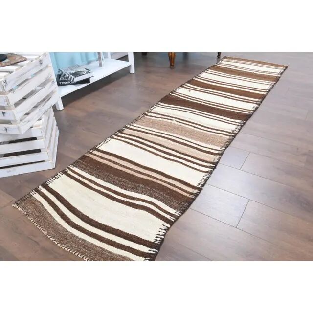 Vintage Turkish Oushak Handmade Cotton Beige Wool Runner Rug 71x275