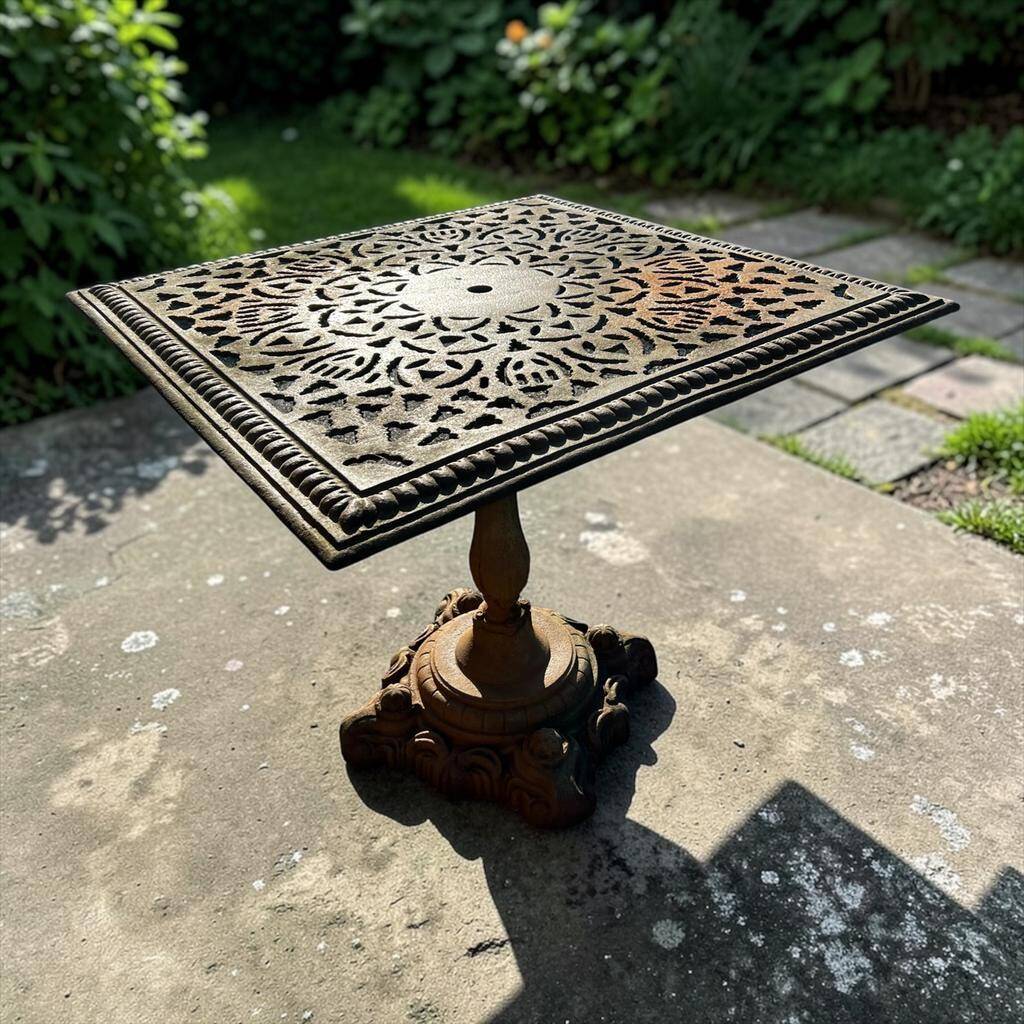Antique cast iron garden table with decorative openwork top.