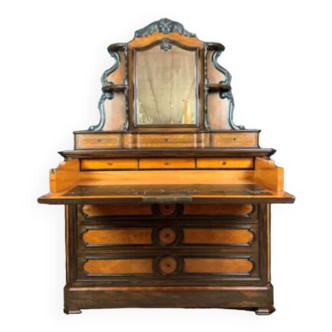 Commode secrétaire a psyché époque Napoléon III en palissandre et bois clair