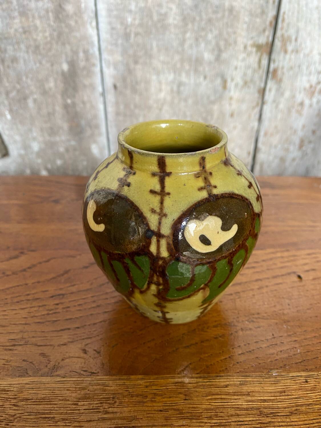 Antique yellow enameled terracotta vase painted decor made in france vintage