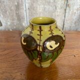 Antique yellow enameled terracotta vase painted decor made in france vintage