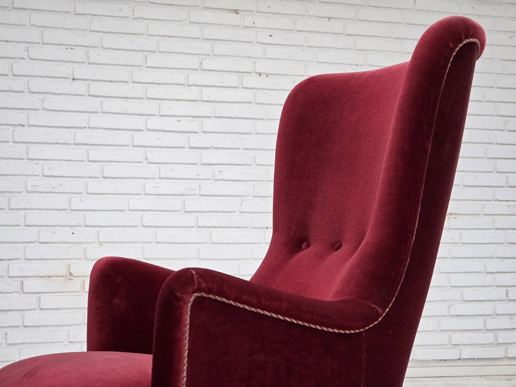 1970s, Danish armchair, cherry-red furniture velour, ash wood legs.