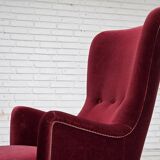 1970s, Danish armchair, cherry-red furniture velour, ash wood legs.