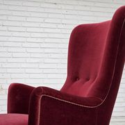 1970s, Danish armchair, cherry-red furniture velour, ash wood legs.