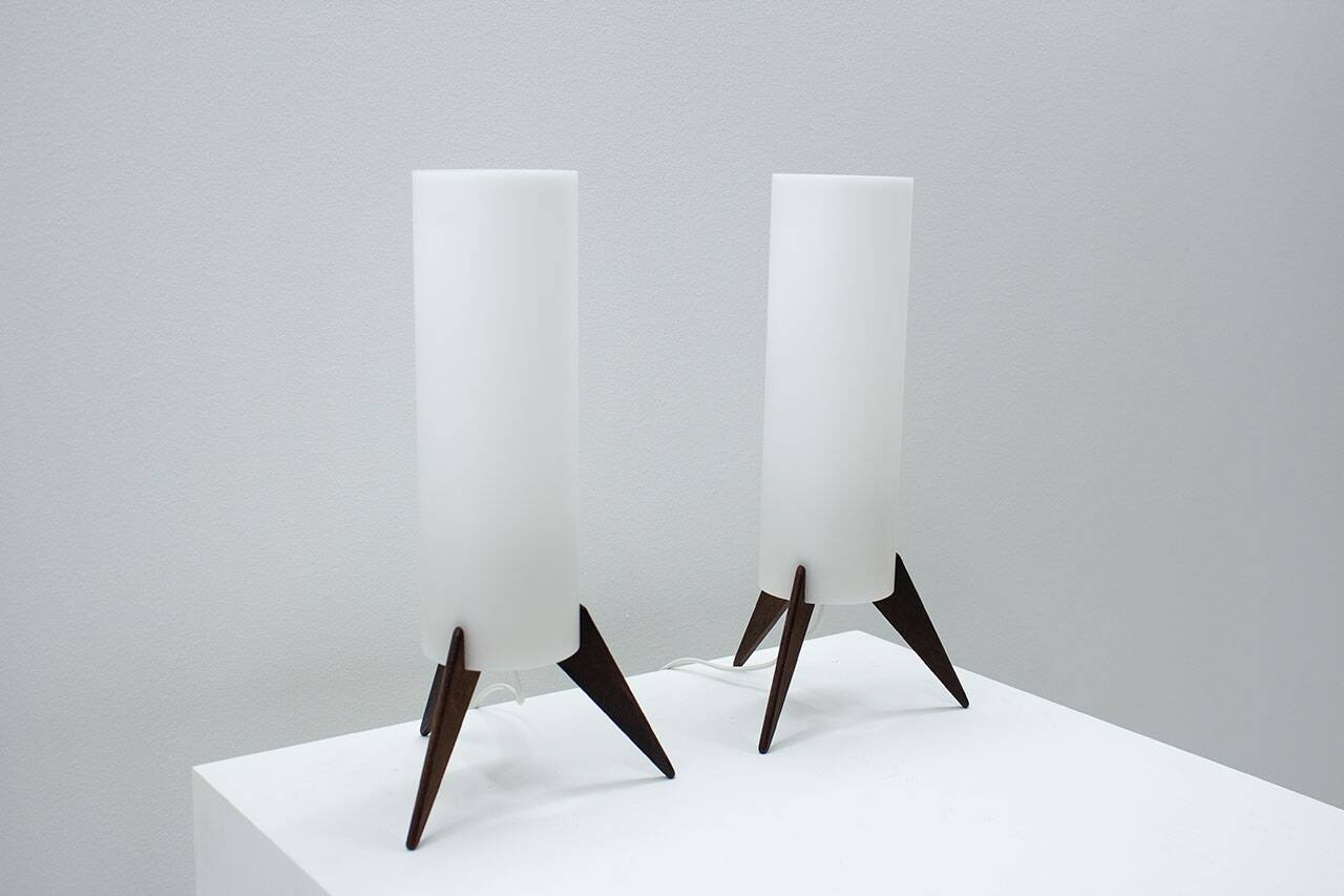 Pair of dark wood & acrylic rocket table lamps by Luxus, Sweden, 1960s