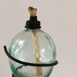 Paire de lampes à huile, verre soufflé, métal