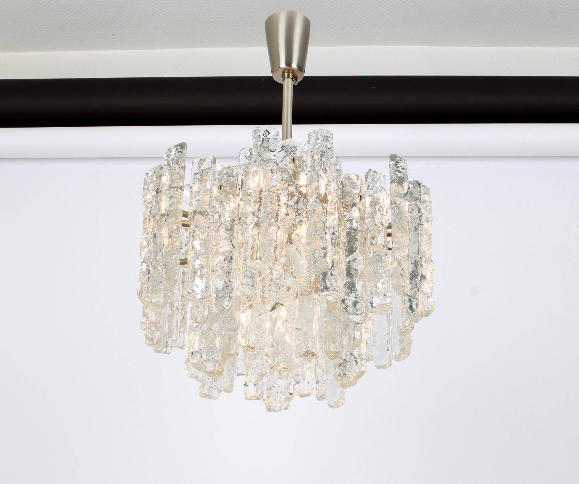 1 of 2 large ice glass chandeliers by Murano, Kalmar, Austria, 1960s