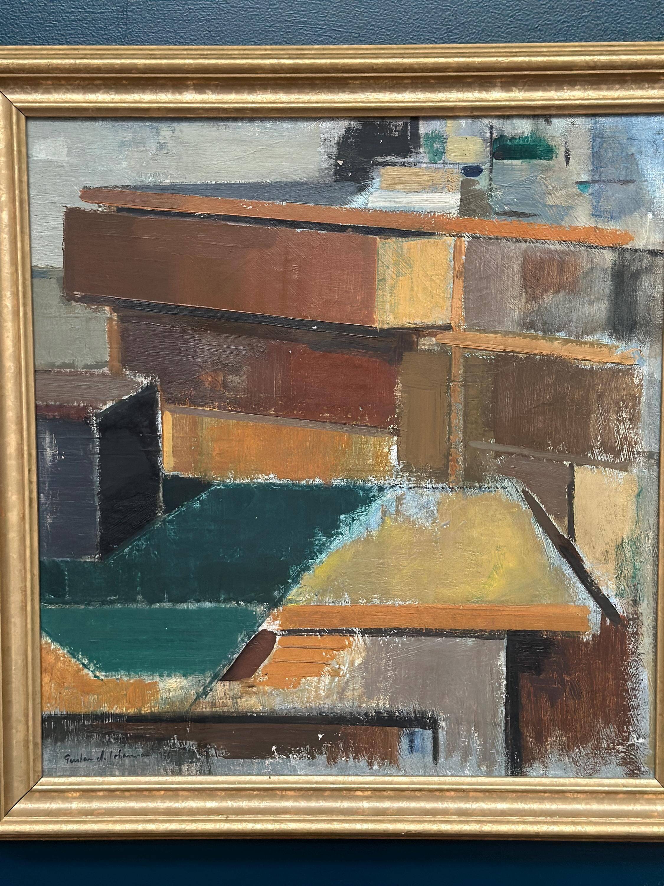 Swedish Oil on Canvas – “Cubist Rooftops” by Gustav Adolf Johansson