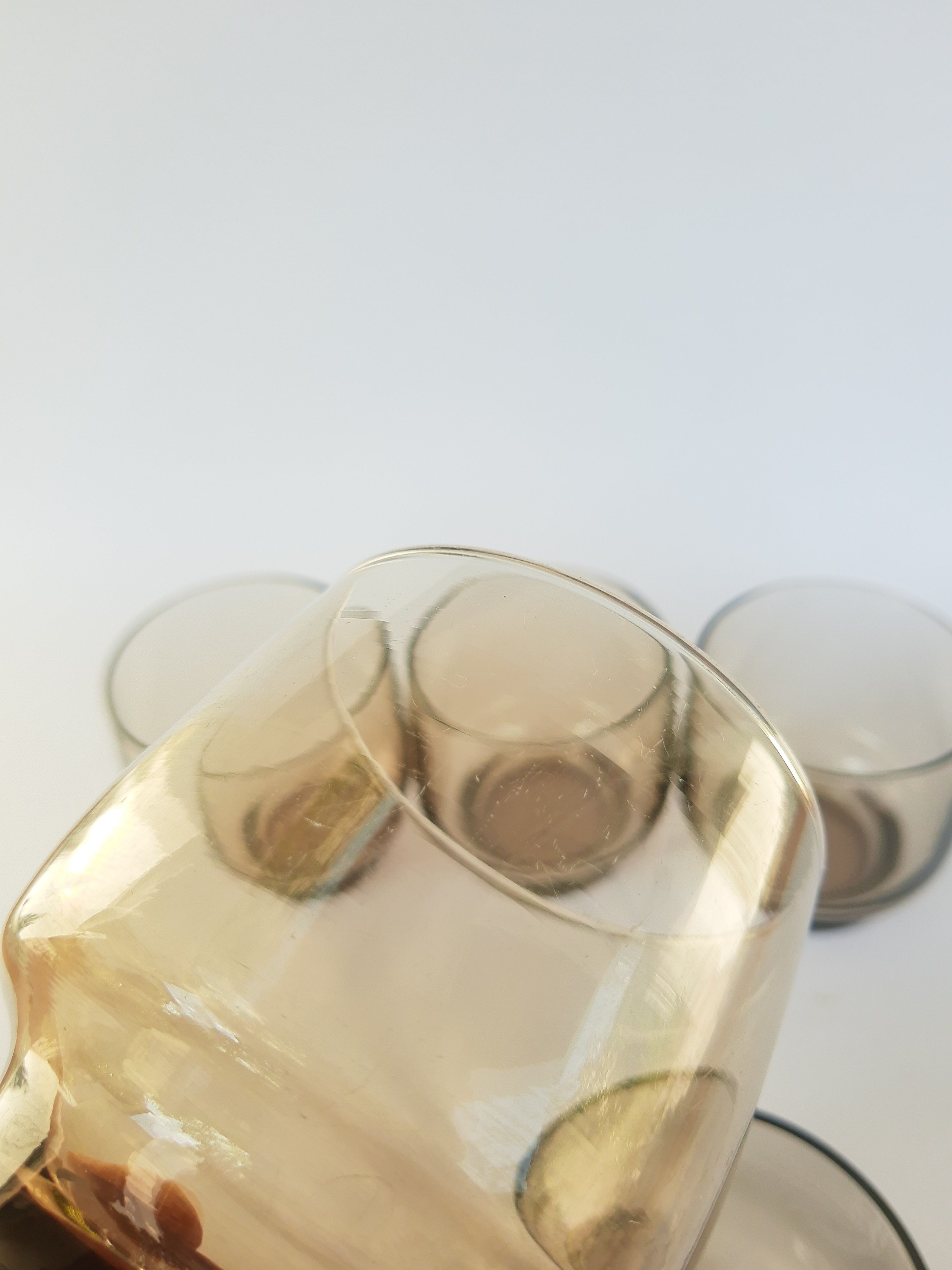 Set of 5 vintage 70s smoked glass water glass
