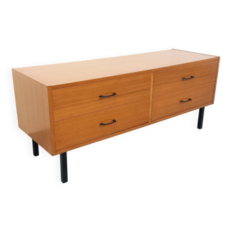 Small vintage enfilade in modernist style made of teak and metal from the 1960s.