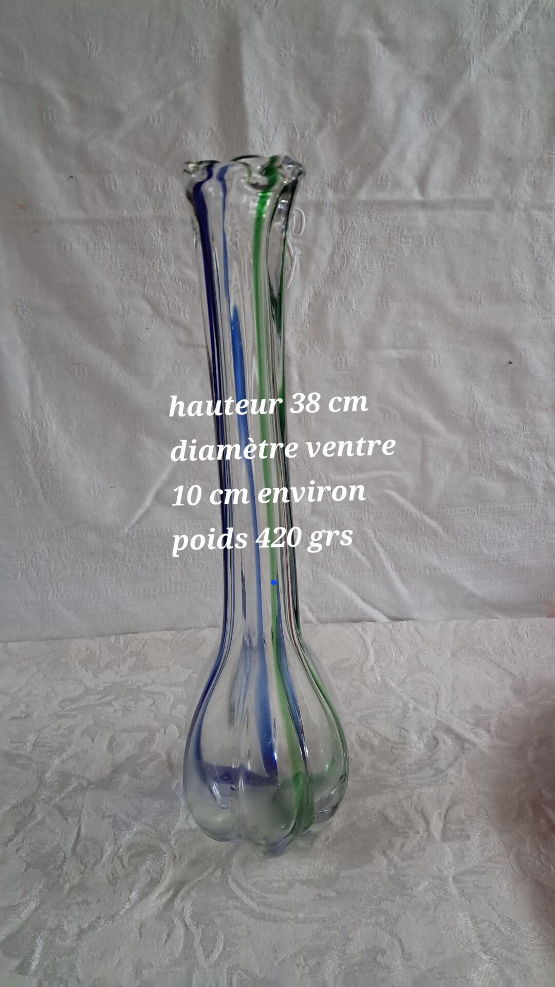 Vintage Murano glass filigree soliflore vase in blue and green.