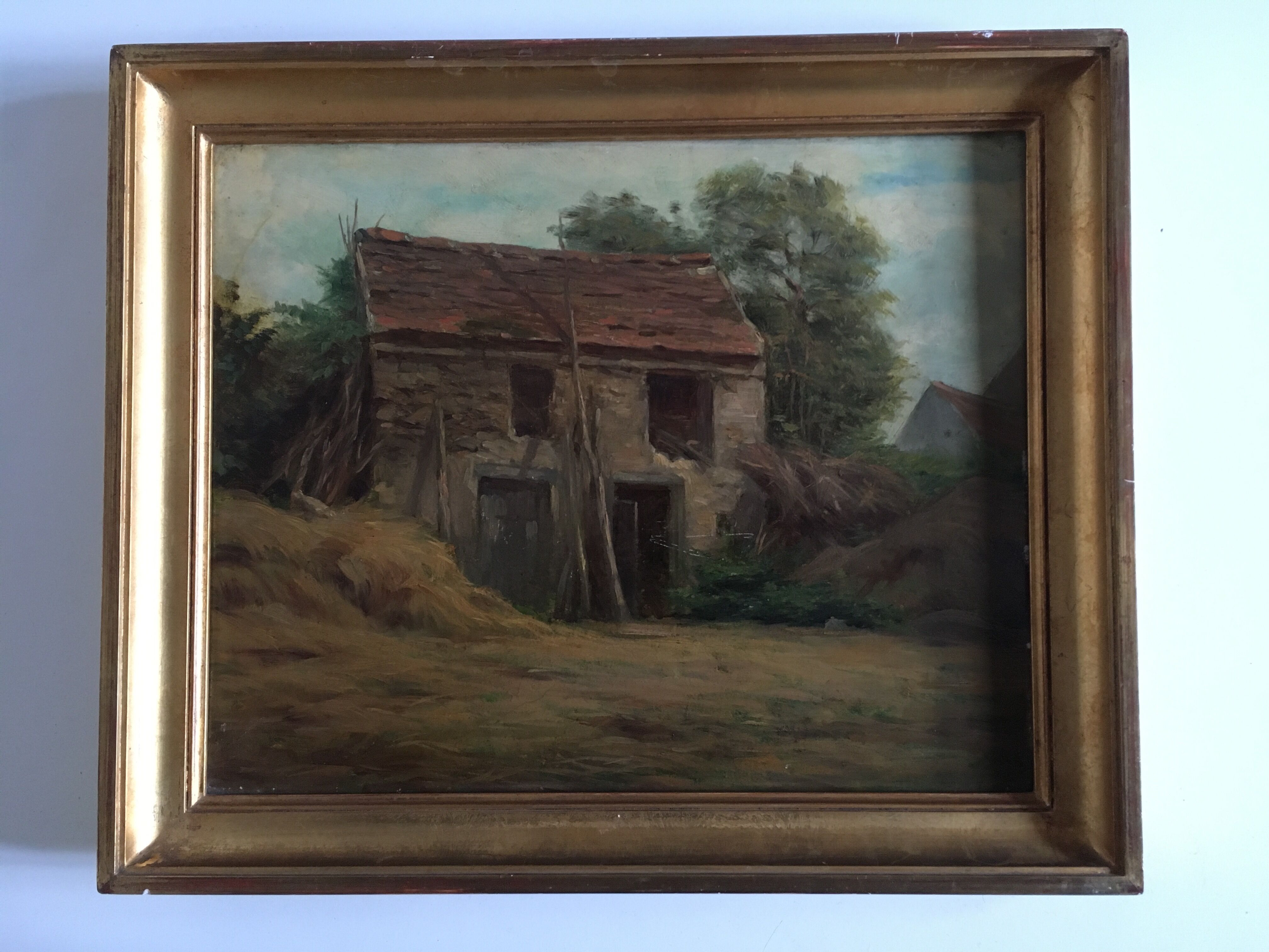 Ferme XIXe huile sur bois cadre bois doré