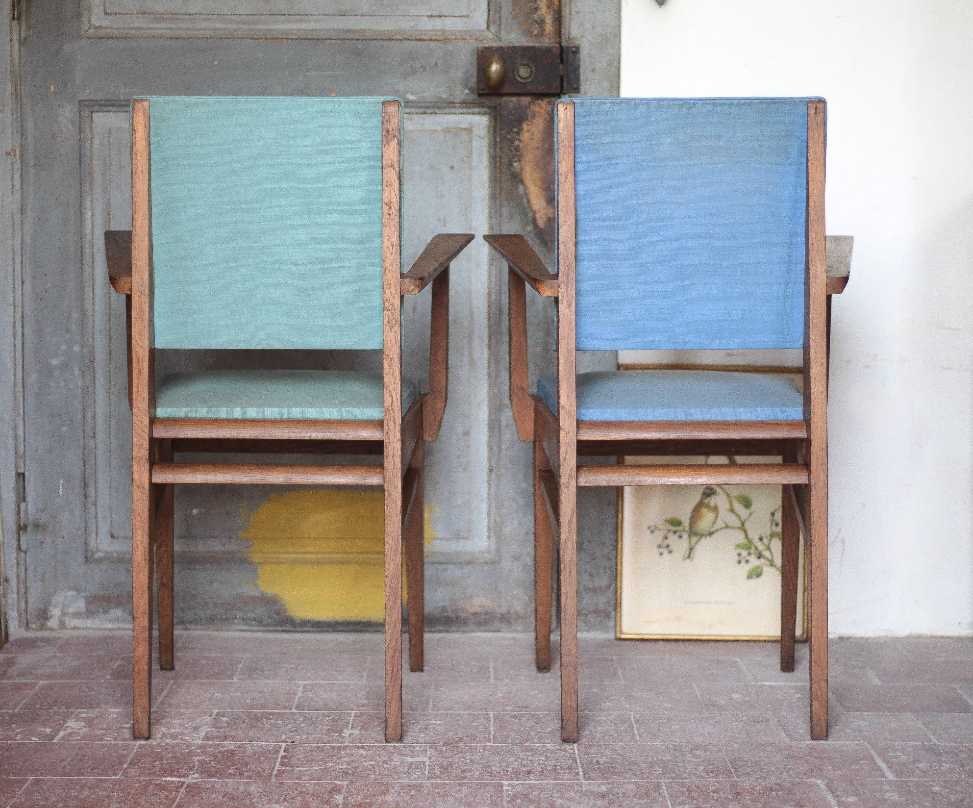Pair of wooden bridge armchairs from the 1950s, vintage chairs.