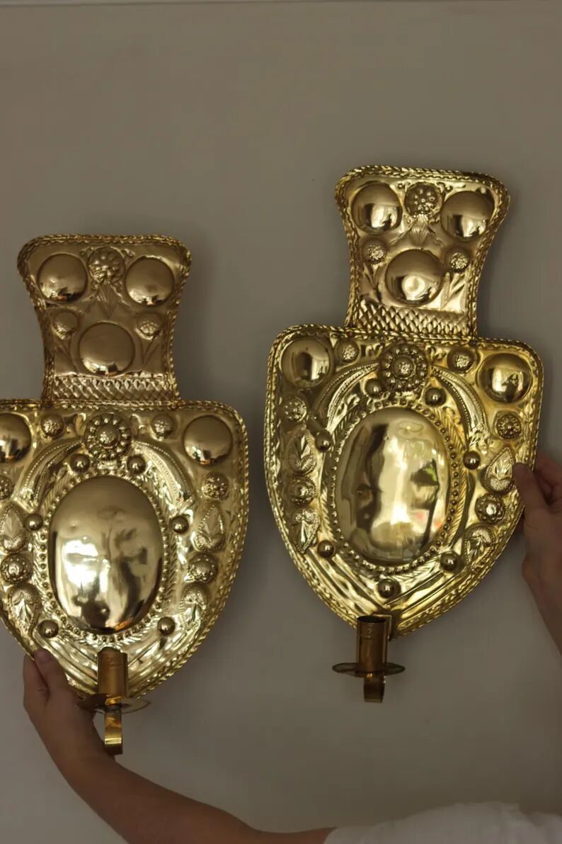Large Baroque Style Mid-Century Brass Swedish Sconces