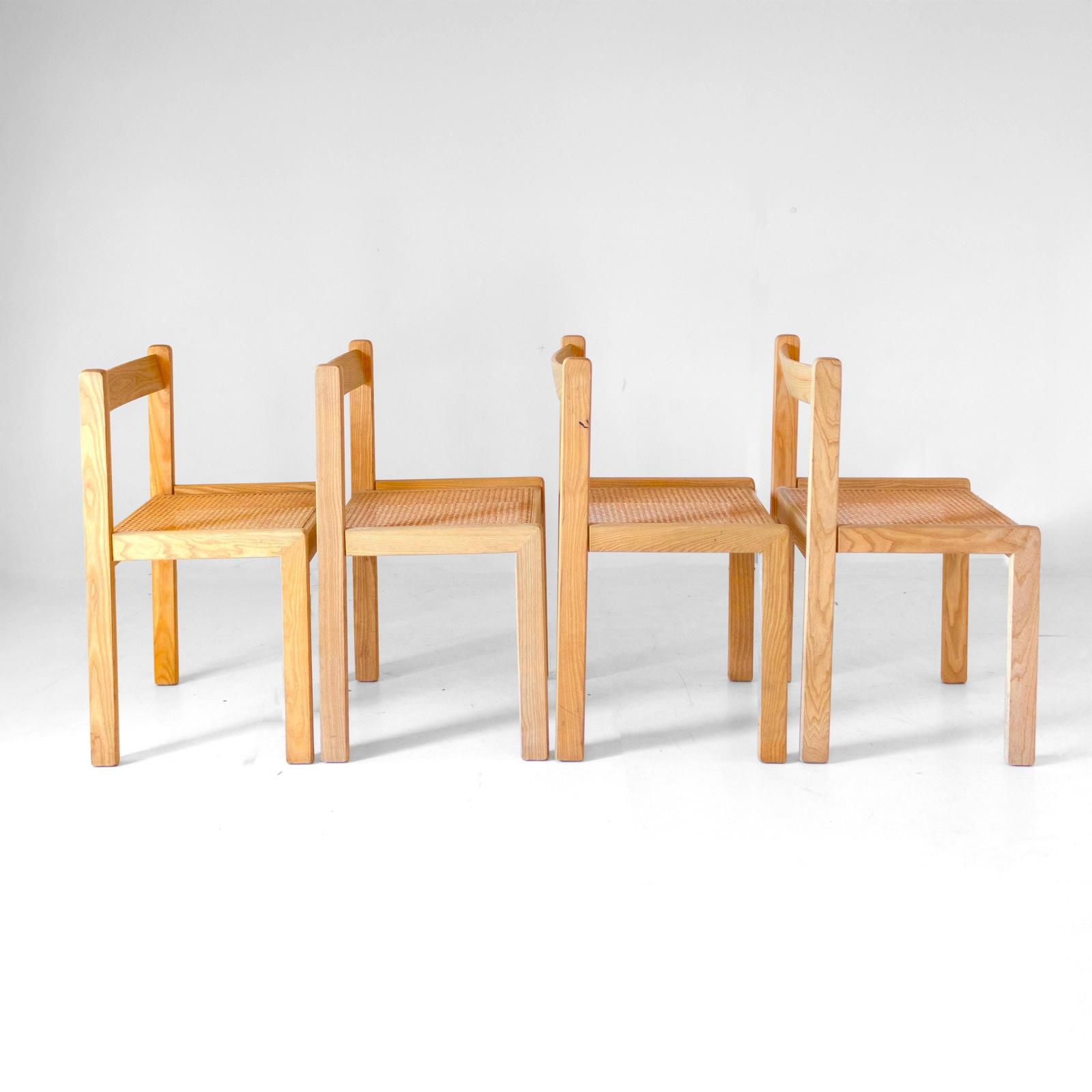 Set of four Italian oak dining chairs with Vienna straw seats, 1970s