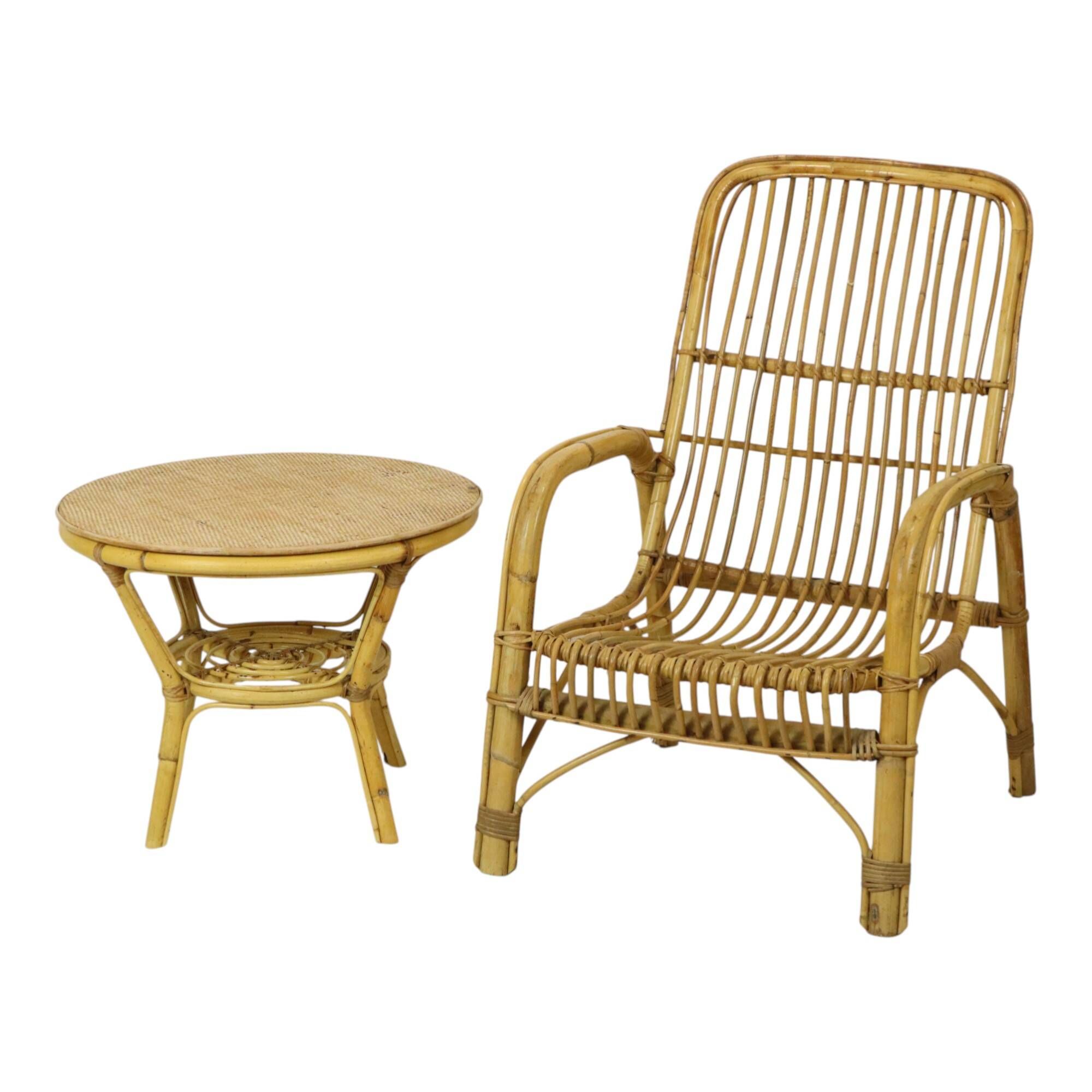 Italian rattan armchair, French Riviera style; Bohemian style side table