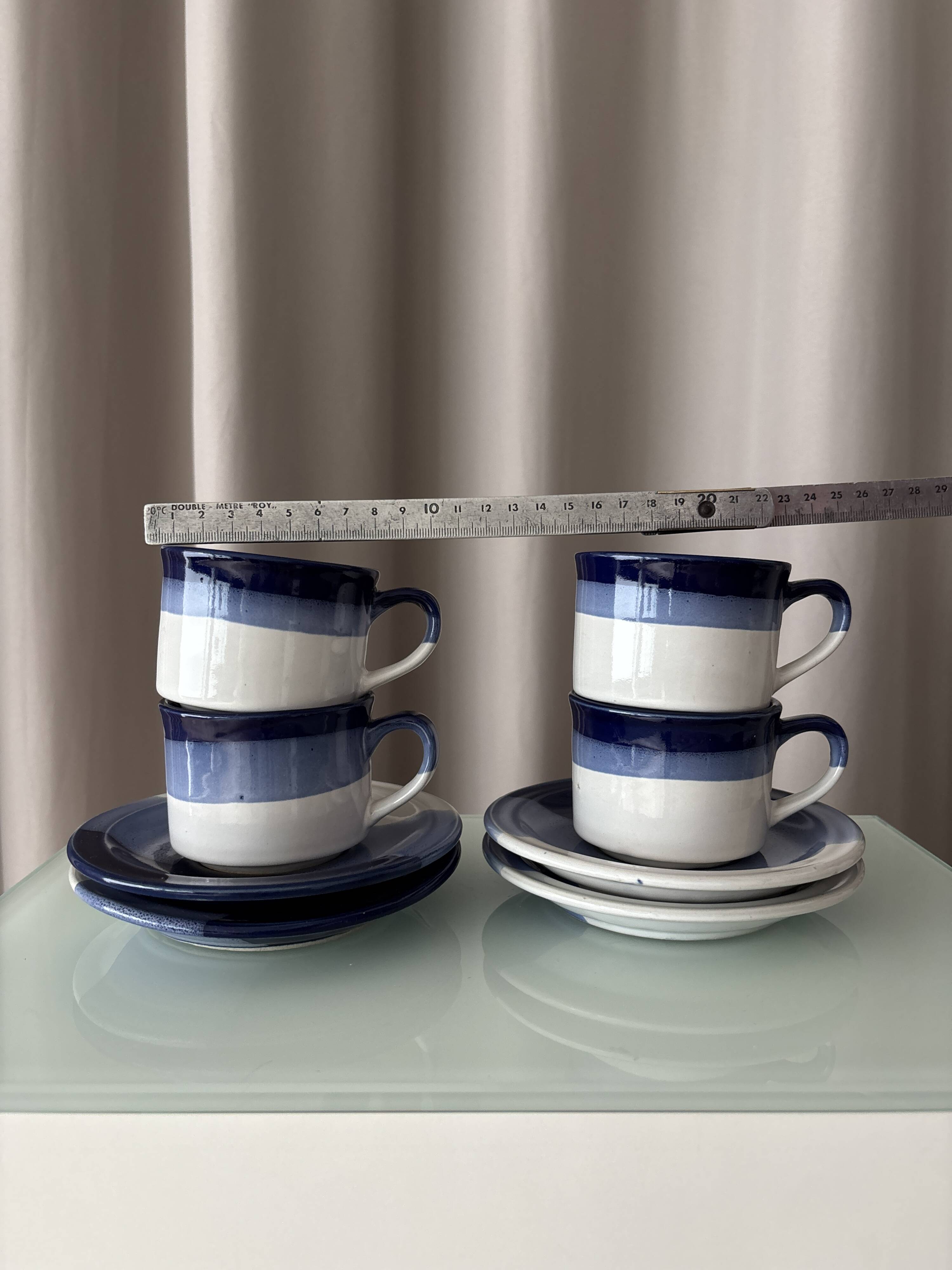 Set of 4 Vintage Studio Pottery Cups & Saucers – Hand Glazed Blue & White