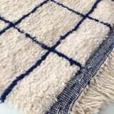 Moroccan Berber carpet Beni Ouarain unbleached with blue checkers majorelle 254x152cm
