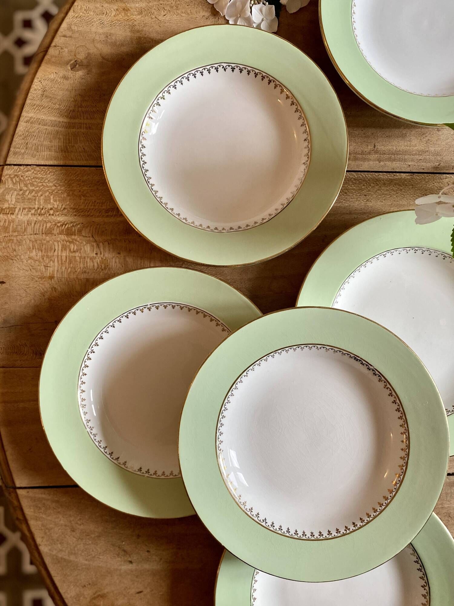 Set of 6 old mint and white hollow plates, the Amandinoise