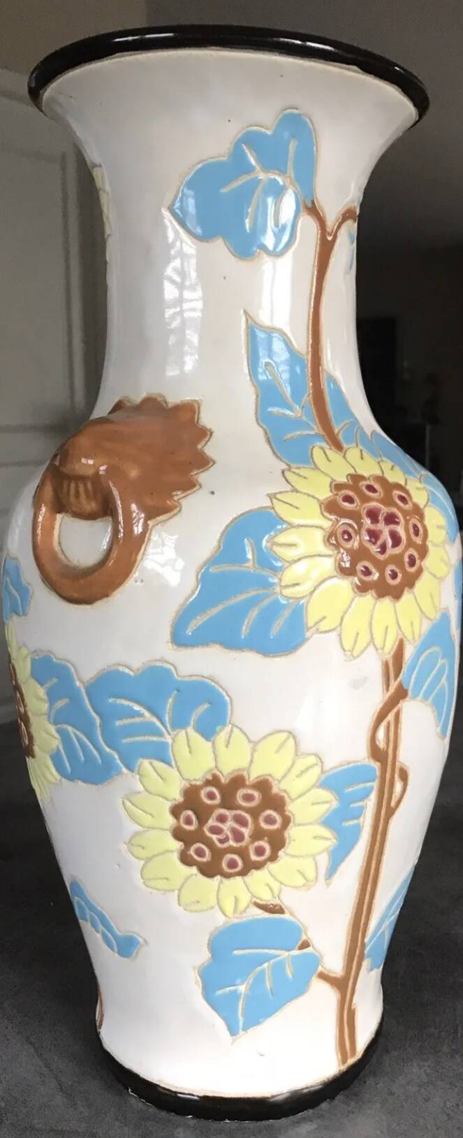 Glazed ceramic vase with polychrome decoration of sunflower flowers 36 cm