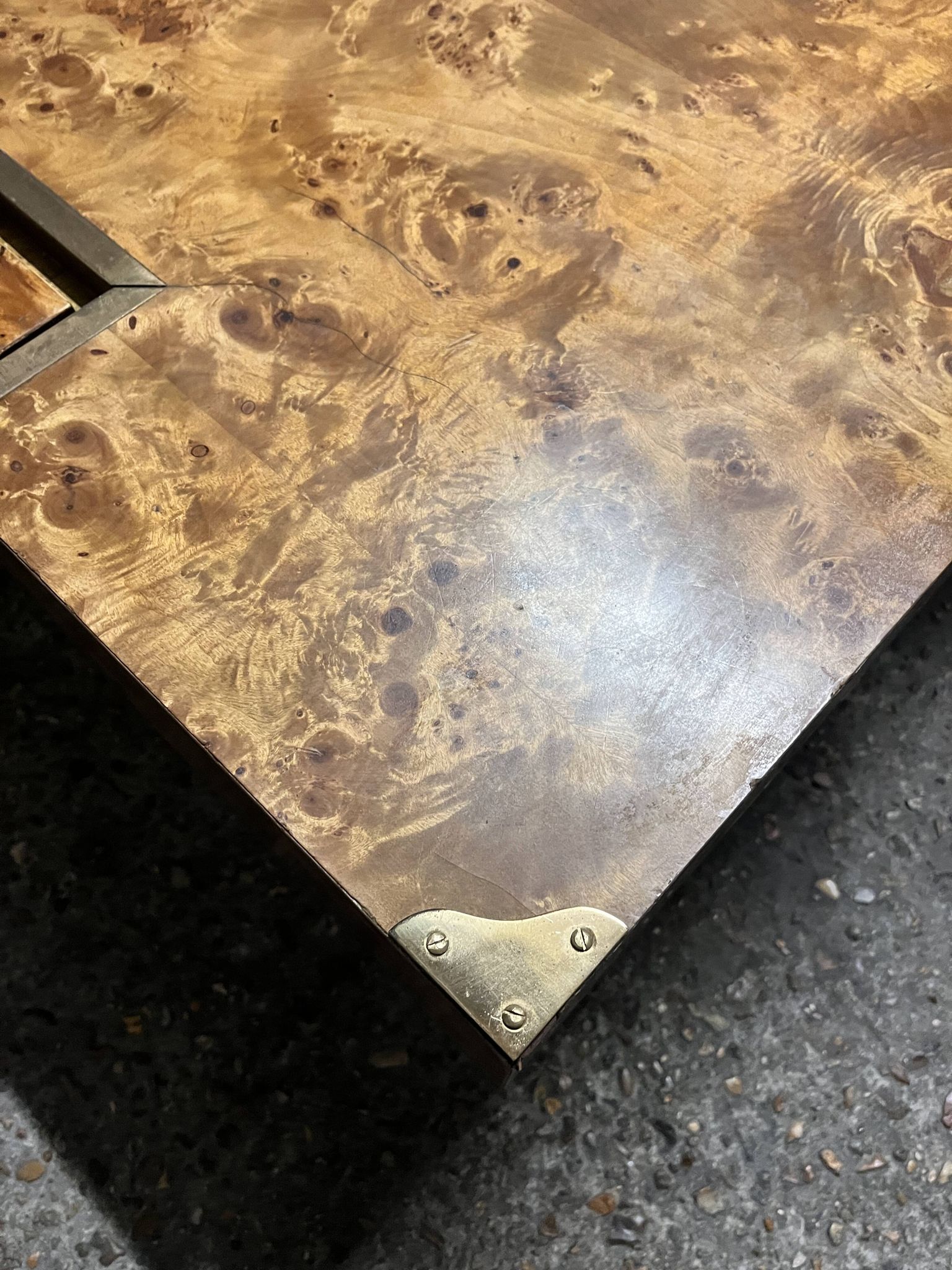 designer coffee table in elm burl with integrated drawers, Roche Bobois 1970