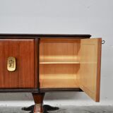 Mahogany, Pearwood, Brass & Marbled Back-Lacquered Glass Top Sideboard with Mirror from F.lli Rigamo