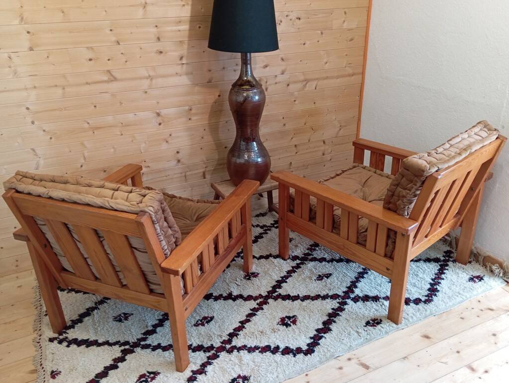 Pair of 70s pine armchairs