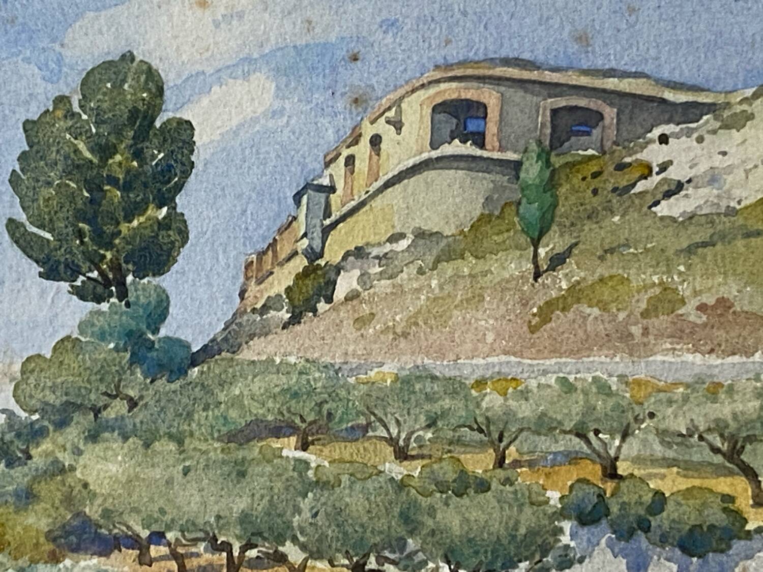 Watercolour landscape of Provence "the fort on the town", early 20th century.