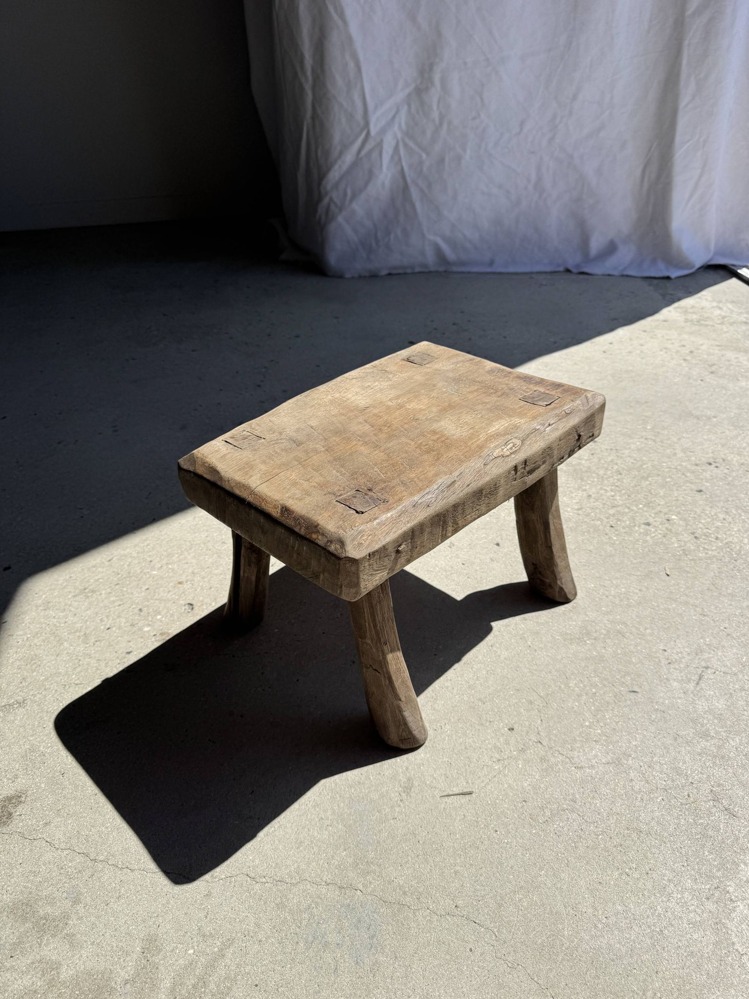 Small stool, rectangular accent stool in solid teak wabi-sabi H26.
