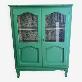 Vintage furniture with 2 glass doors, trendy green patina