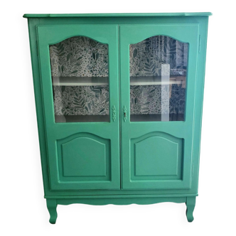 Vintage furniture with 2 glass doors, trendy green patina