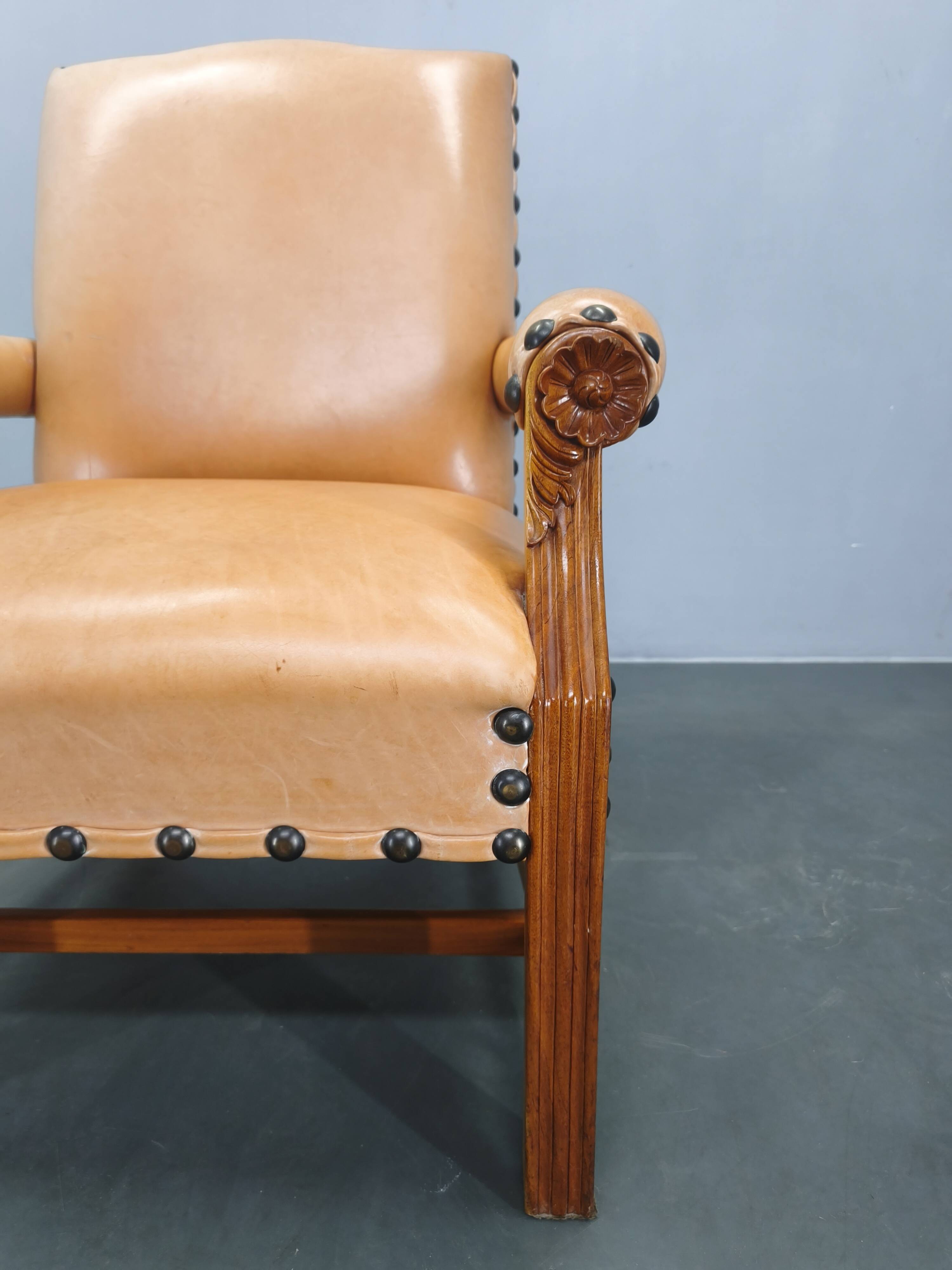 Antique Danish Leather Armchair Carved Wood Club Chair, Early 1900s