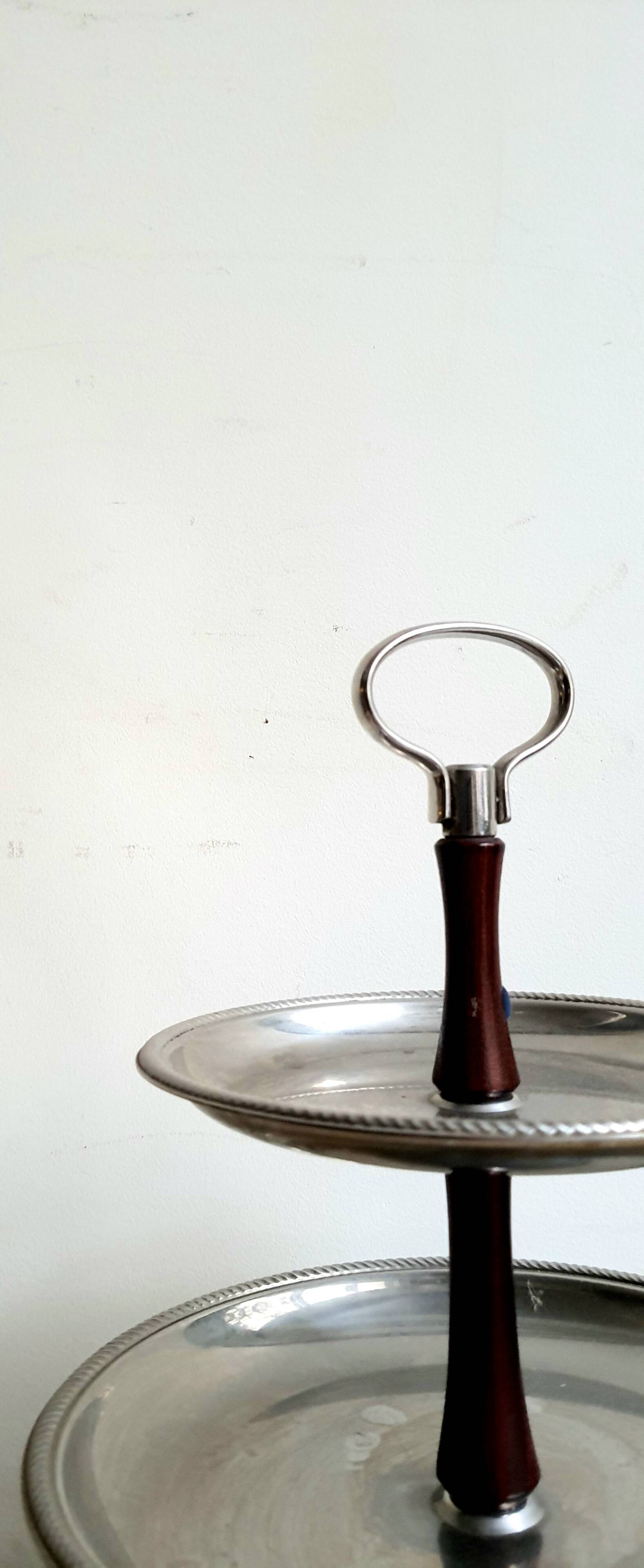 3-tier rotating dessert tray by Alessi Fratelli mod. Alfra Stainless Steel and Rosewood 1970