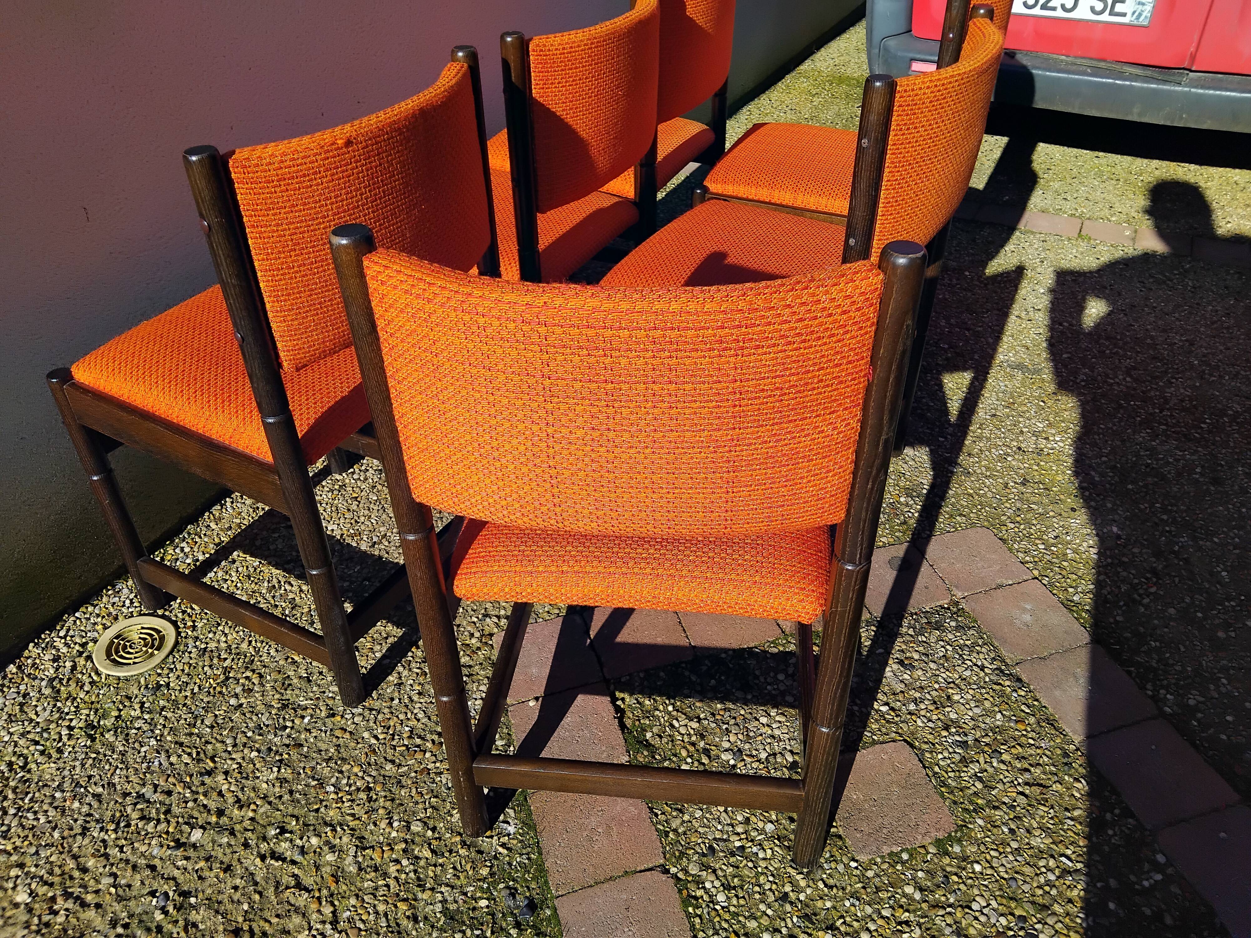 6 vintage wooden and orange fabric chairs