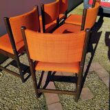 6 vintage wooden and orange fabric chairs