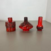 Set of 3 Red Black Ceramic Studio Pottery Vase Objects Otto Keramik Germany 1970
