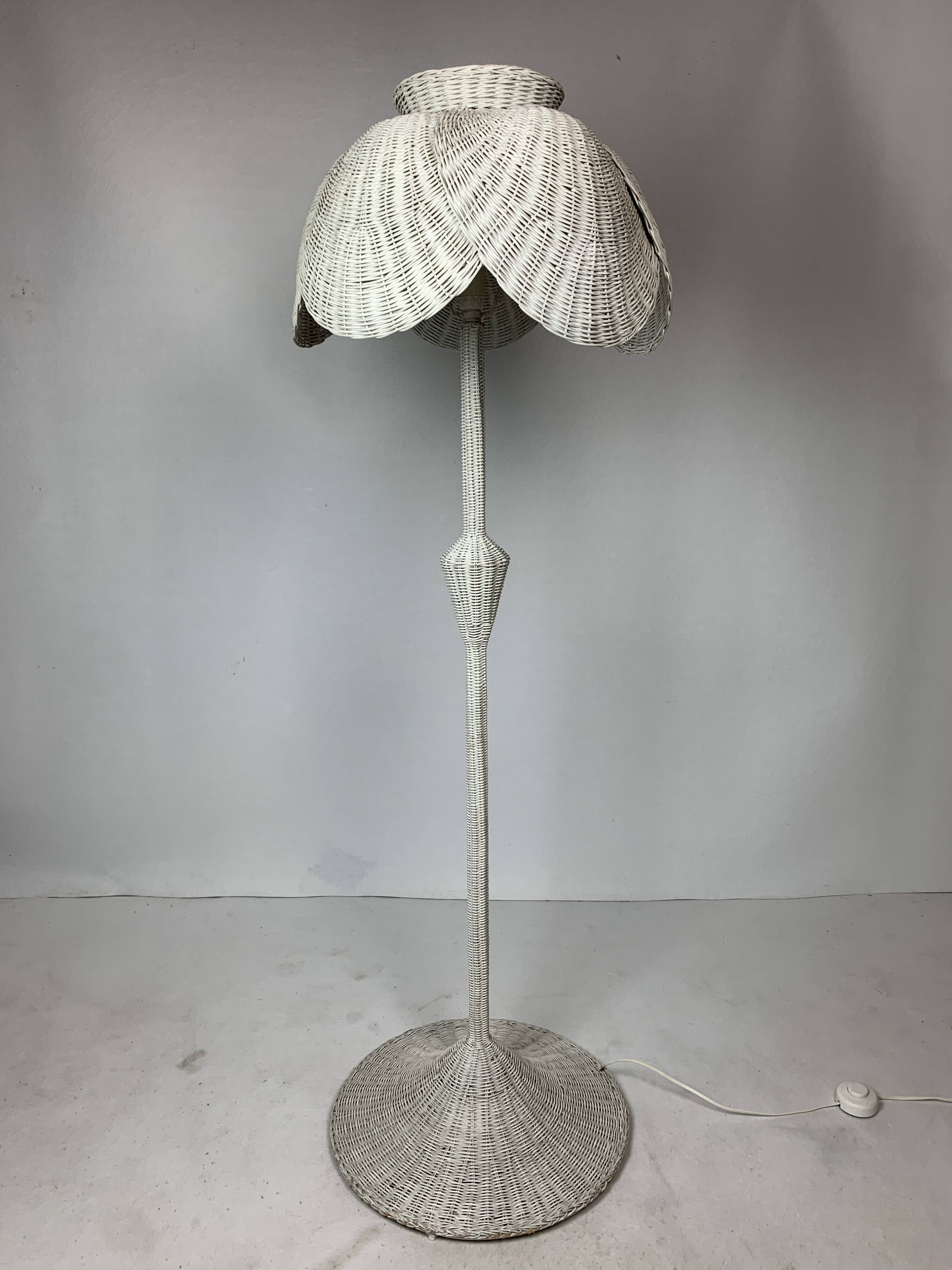 Mid-century French rattan wicker boho floor lamp, 1950s-1960s
