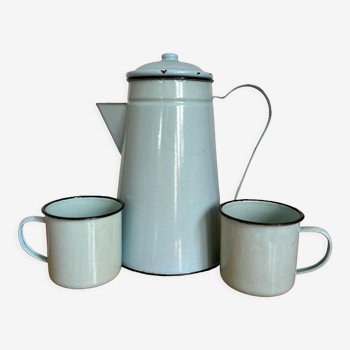 Sky blue enamelled coffee maker and its 2 cups