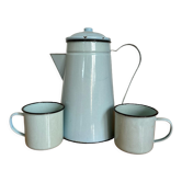 Sky blue enamelled coffee maker and its 2 cups