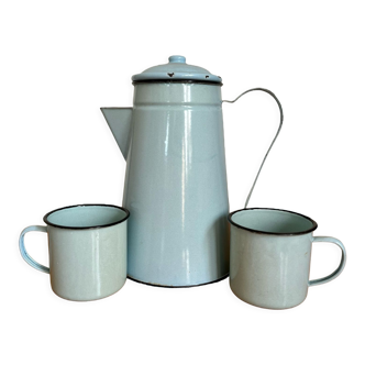 Sky blue enamelled coffee maker and its 2 cups