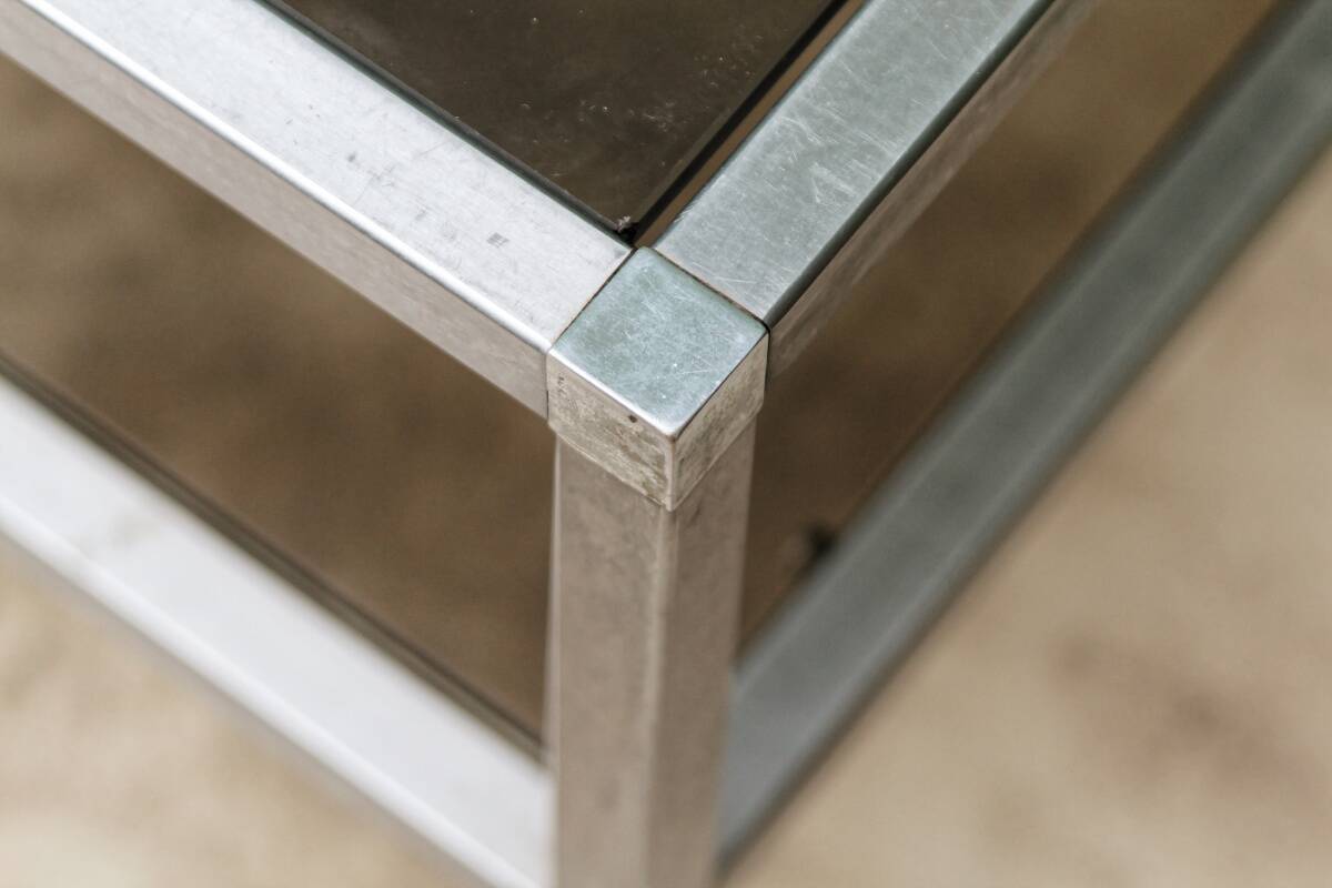 End table, chrome metal and smoked glass coffee table