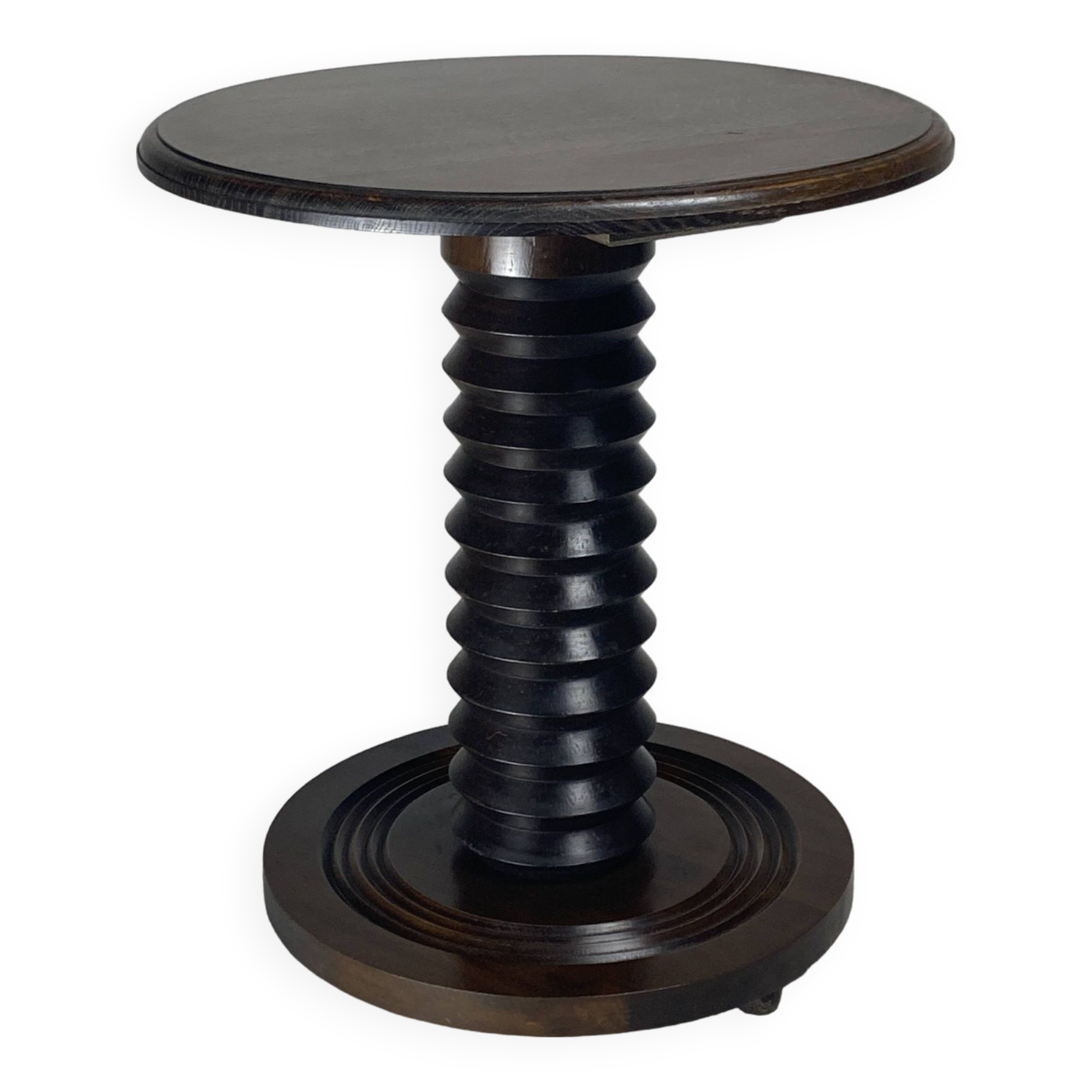 French brutalist wood turned side table in the style of Charles Dudouyt