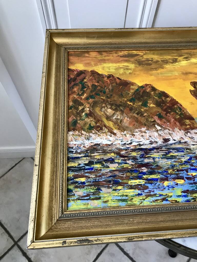 Oil painting on canvas landscape sunset framed vintage