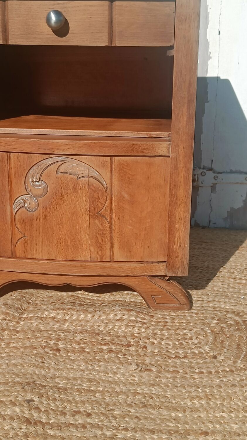 Antique bedside table in solid oak with a marble top.