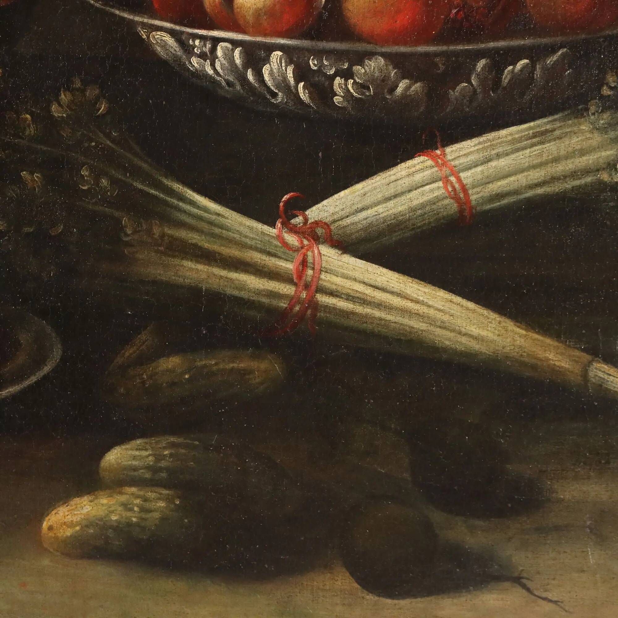 Old painting of still life with fish and snails, oil on canvas from the 1600s.